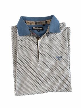 Barbour Blue White Geometric Print Polo Shirt Men’s Medium Short Sleeve Cotton